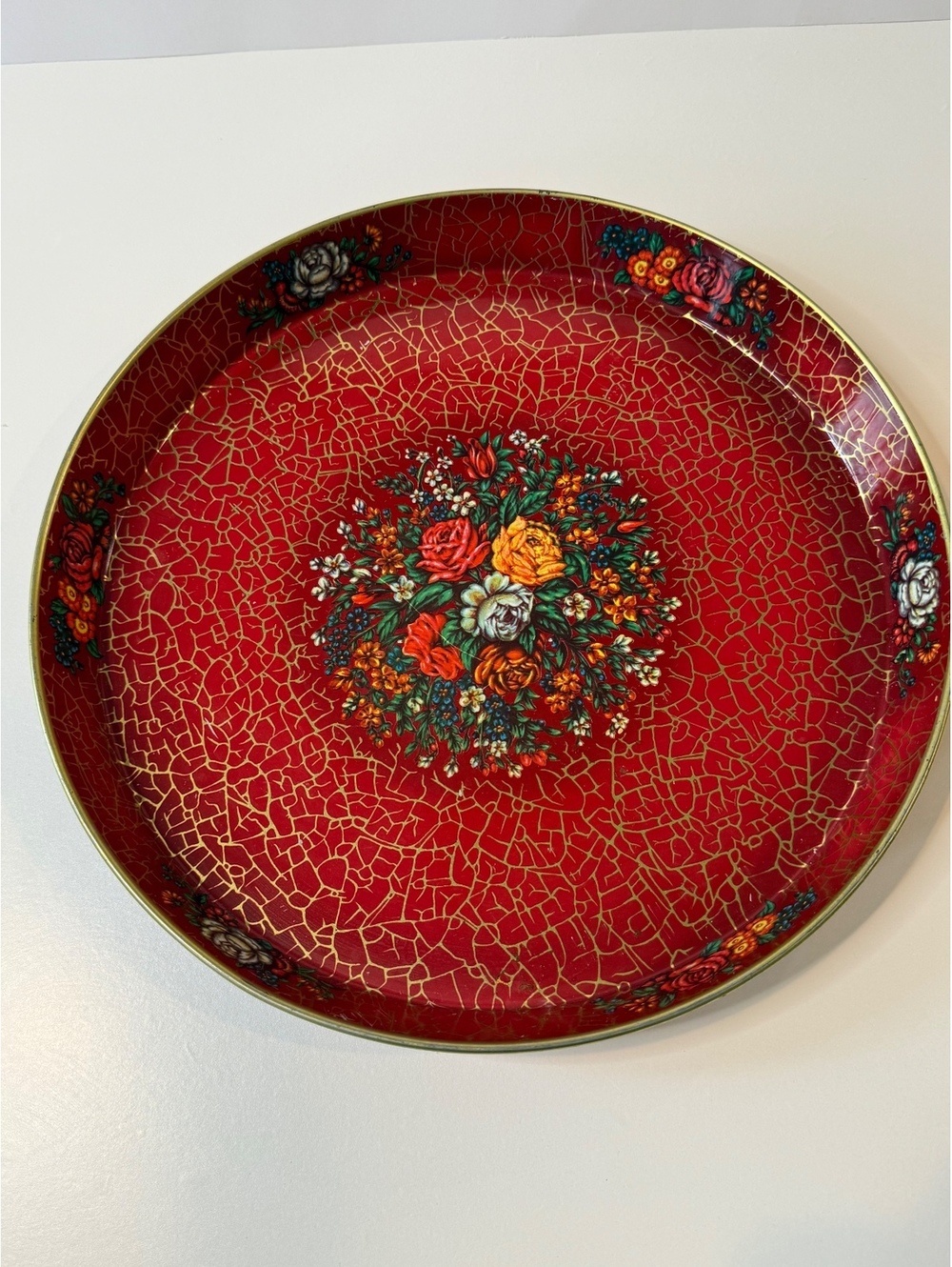 Vintage Daher Decorated Ware Floral Metal Tray England 12” Red Gold